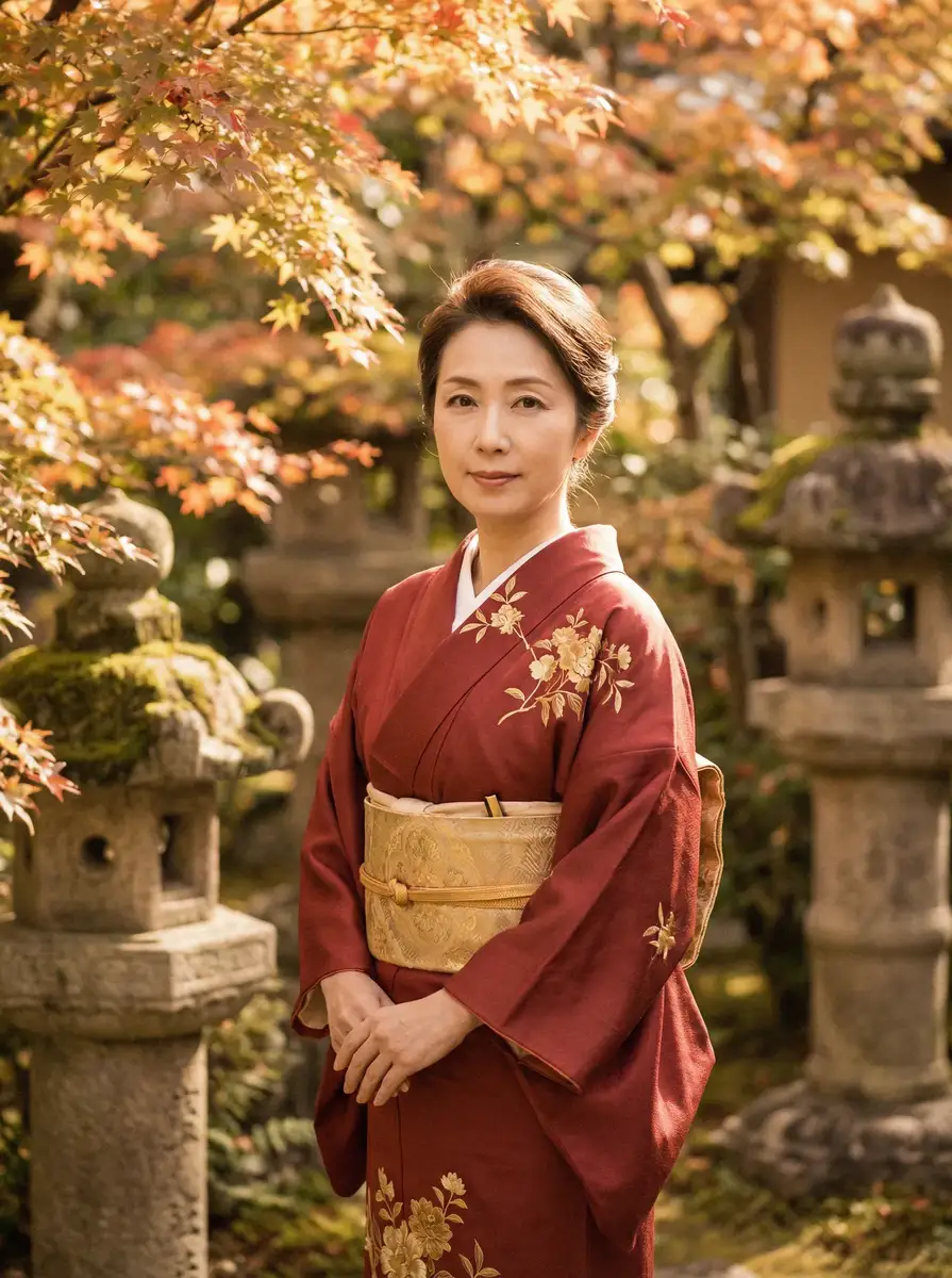 一位身穿暗红色和服的优雅 51暗网 在日式庭院中